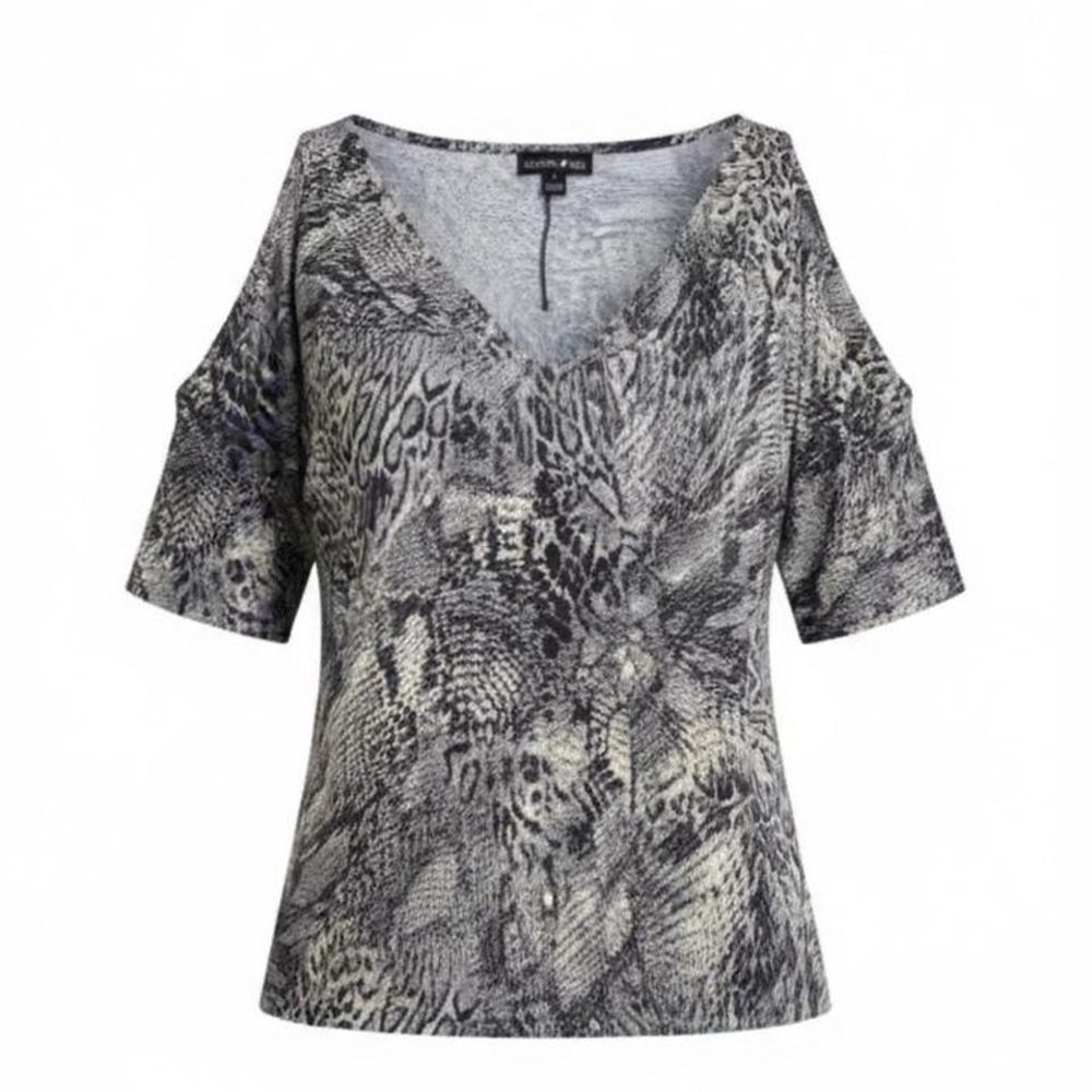Fashion Bug V-Neck Cold Shoulder Blouse - Black and Gray Shimmer